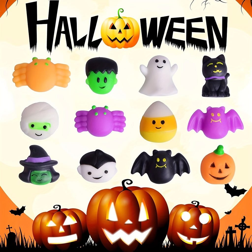 36-Pack Mini Squishy Halloween Toys Set - TPR Stress Relief Squeeze Figurines Ages 8-12 - Variety of Ghosts, Pumpkins, Bats & More