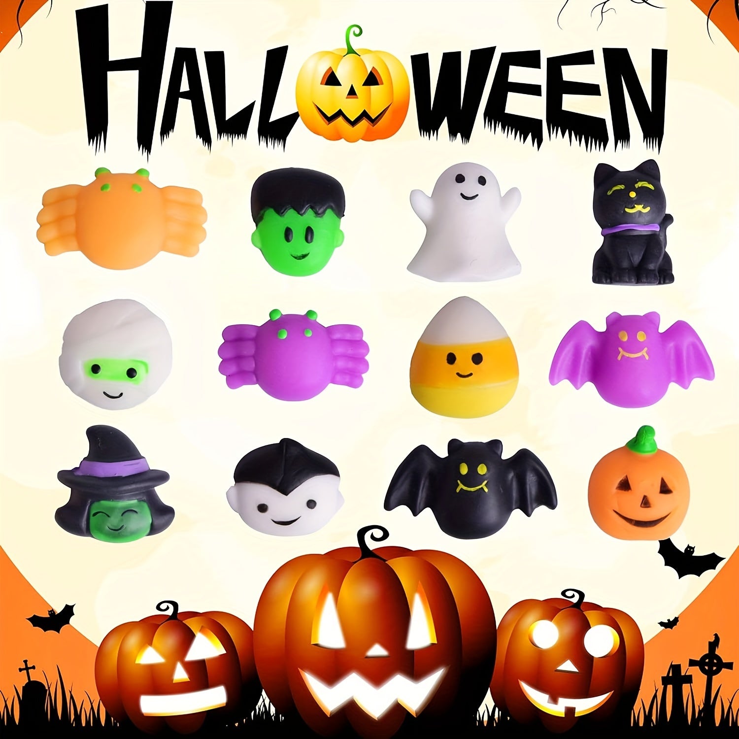 36-Pack Mini Squishy Halloween Toys Set - TPR Stress Relief Squeeze Figurines Ages 8-12 - Variety of Ghosts, Pumpkins, Bats & More