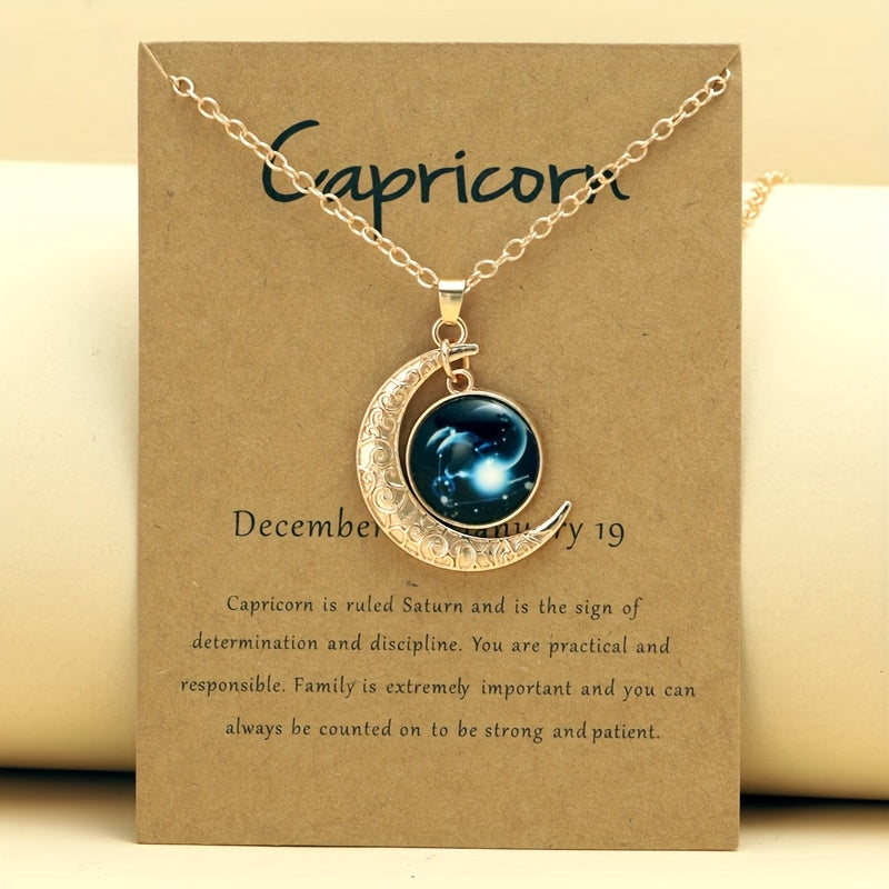 Glow-in-the-Dark Zodiac Necklace with Vintage Moon Pendant - Stylish Aquarius/Sagittarius/Leo/Leprechaun/Night & Sun Signs, Colorful Glass Charms, Zinc Alloy, Perfect Gift for Men