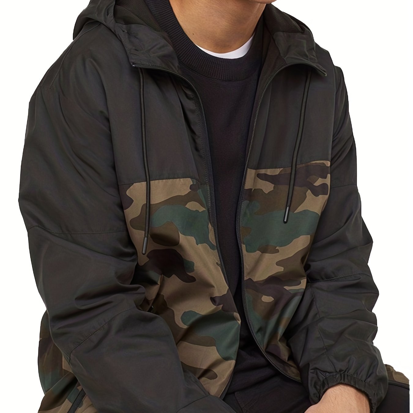 Camouflage Pattern Hooded Jackets By Activity, Men's Casual Loose Fit Breathable Zip Up Jackets For Spring Fall