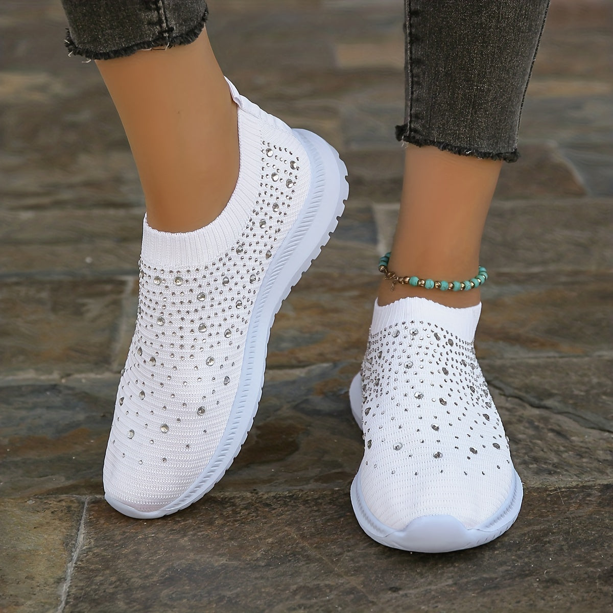 Women's Rhinestone Decor Slip-on Sneakers, Fly Woven Sports Shoes, Breathable Low Top Walking Shoes For Music Festival