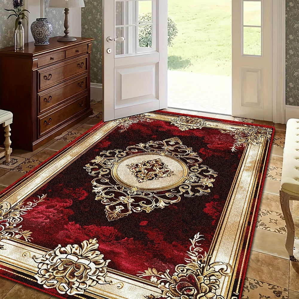 1pc Luxury Large Rectangular Mat - Burgundy & Golden Elegant Design, Soft Flat Weave Area Mat with Non-Slip Rubber Backing, Deep Red/Black/Golden/Beige/Brown Tones for Living Room, Bedroom, Office, Wedding & Father's Day Deco