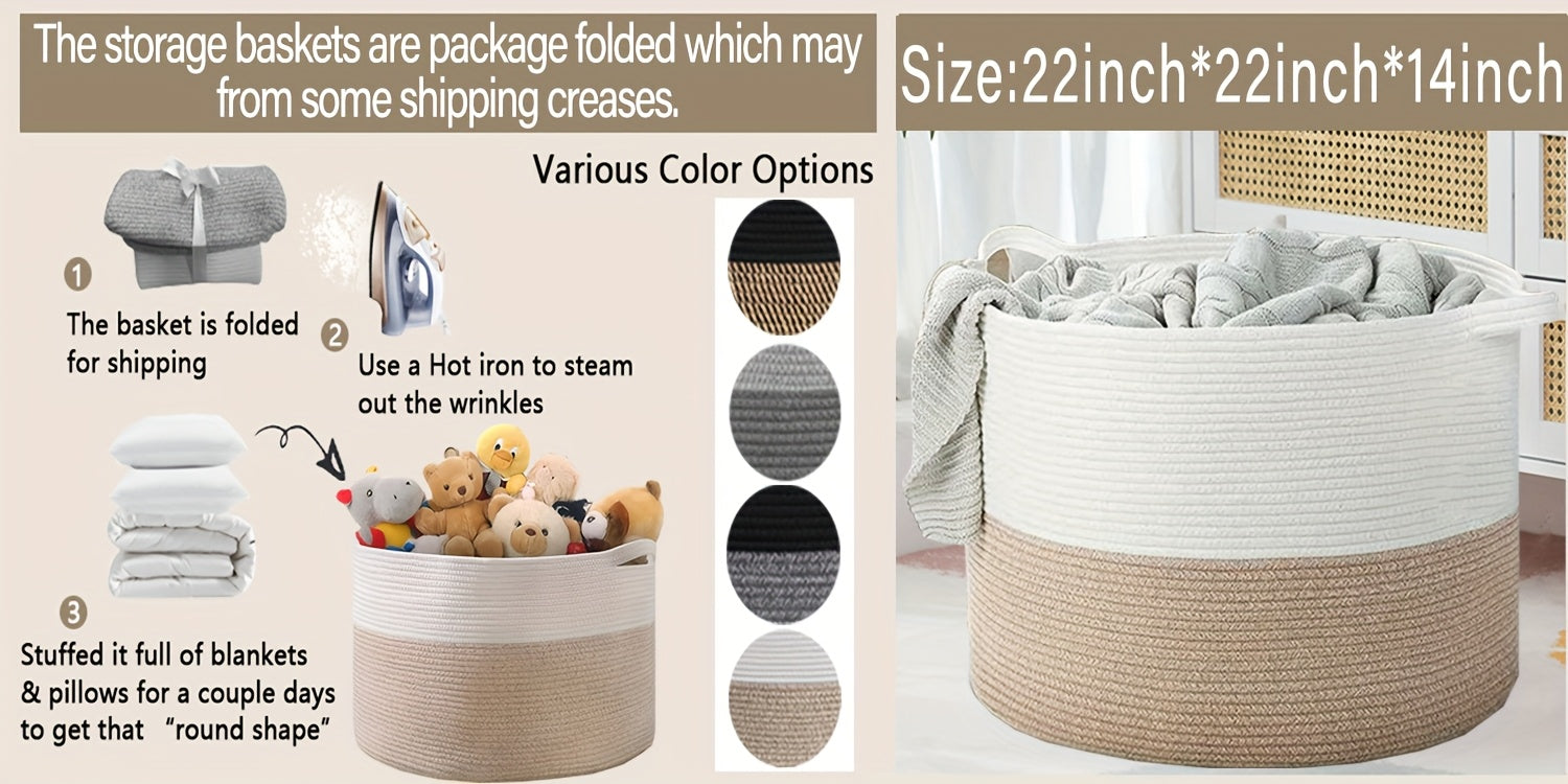 XXL Large Cotton Rope Storage Basket – Foldable Multi-Purpose Organizer for Laundry, Toys, Blankets, and Youngsters Games, Striped Design for Family Gatherings or Home Organization, Laundry Basket