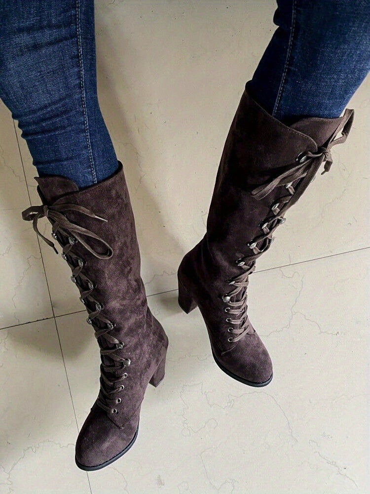 Women's Heeled Knee High Boots, Solid Color Lace Up Chunky Heeled Boots, Versatile Comfy Long Boots