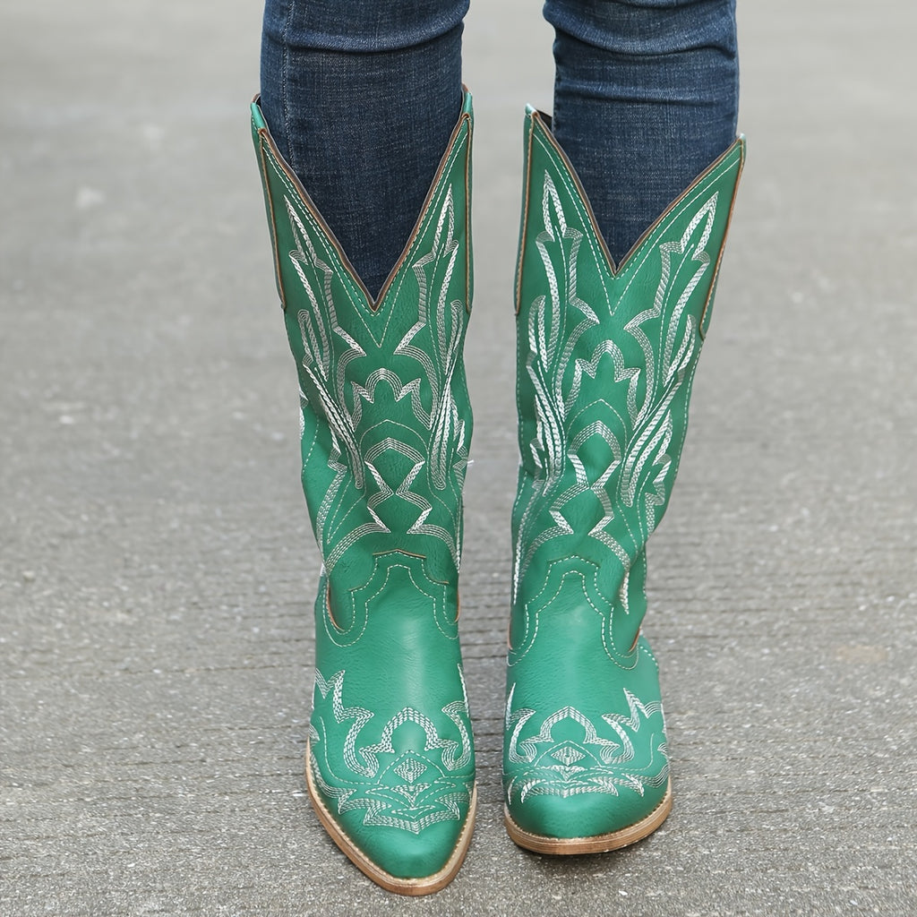 [Retro Cowgirl Boots] Retro Style Women's Western Mid Calf Boots | V-cut Embroidery Cowgirl Boots, Pointed Toe Slip On Shoes