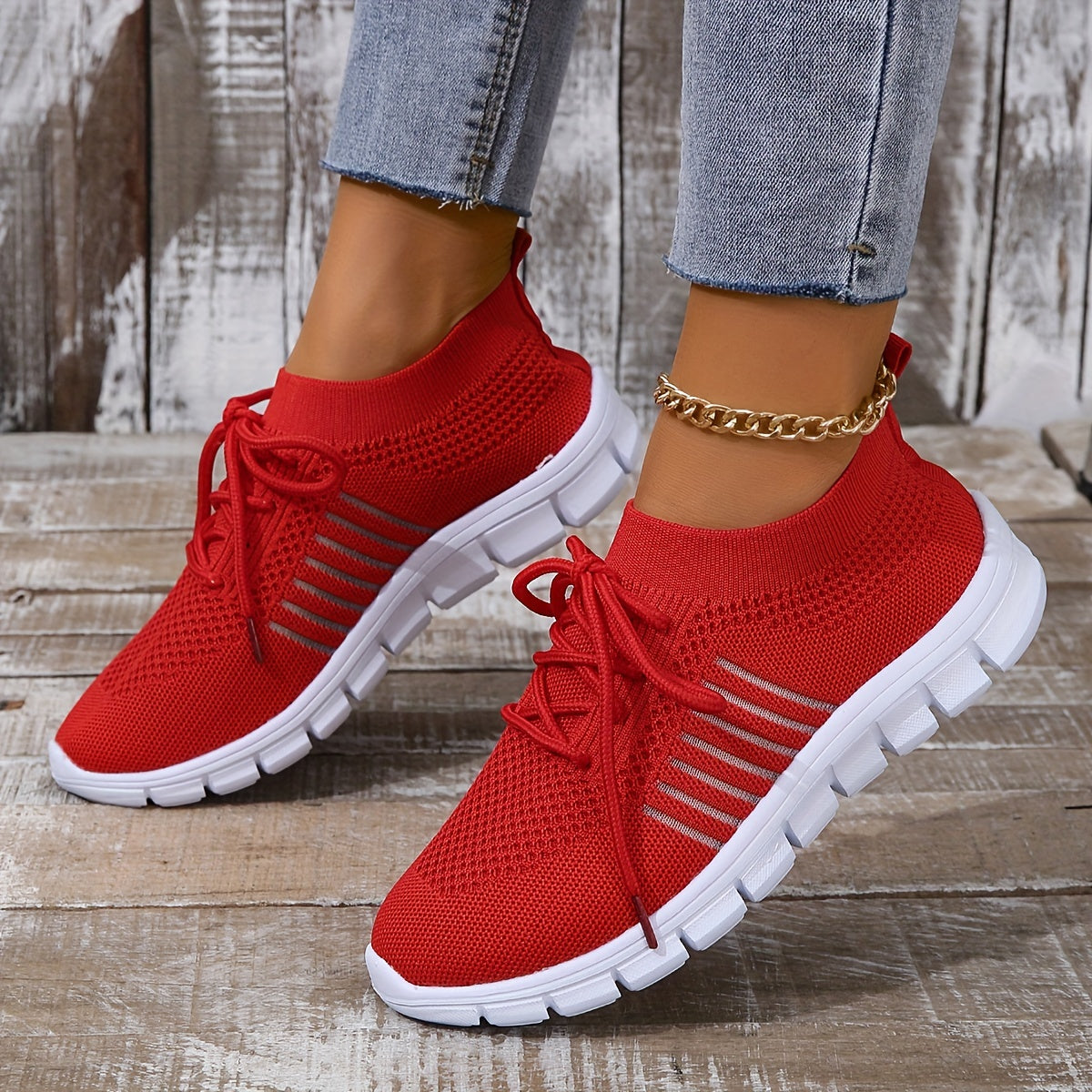 Women's Knitted Sports Shoes, Breathable & Lightweight Low Top Running Sneakers, Casual Outdoor Gym Jogging Trainers Plus Size
