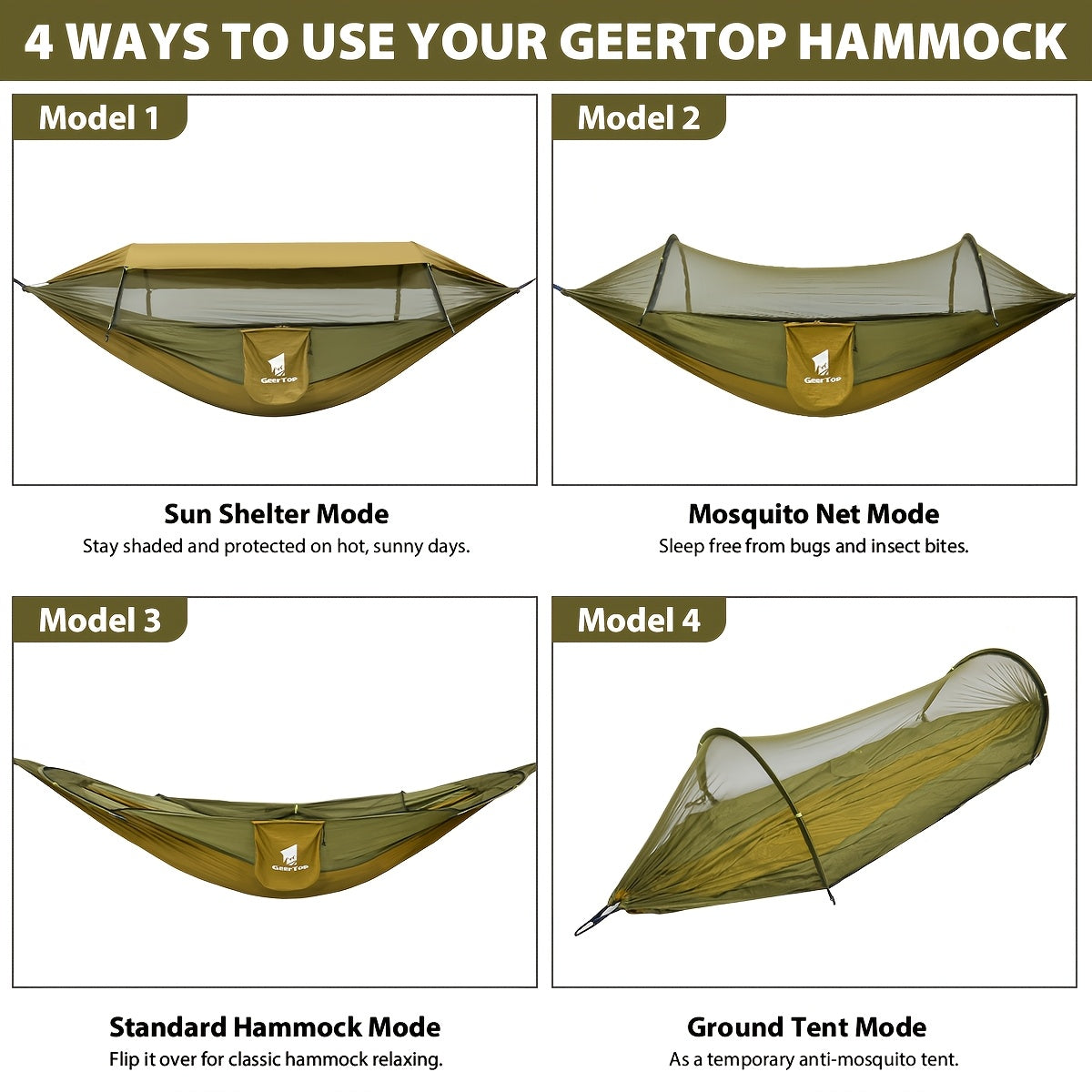 [3-in-1 Hammock] GEERTOP 3-in-1 Outdoor Hammock | Double Sleep Rest Camping Hammock with Mosquito Net Sun Shelter for Backpacking Travel Garden Park