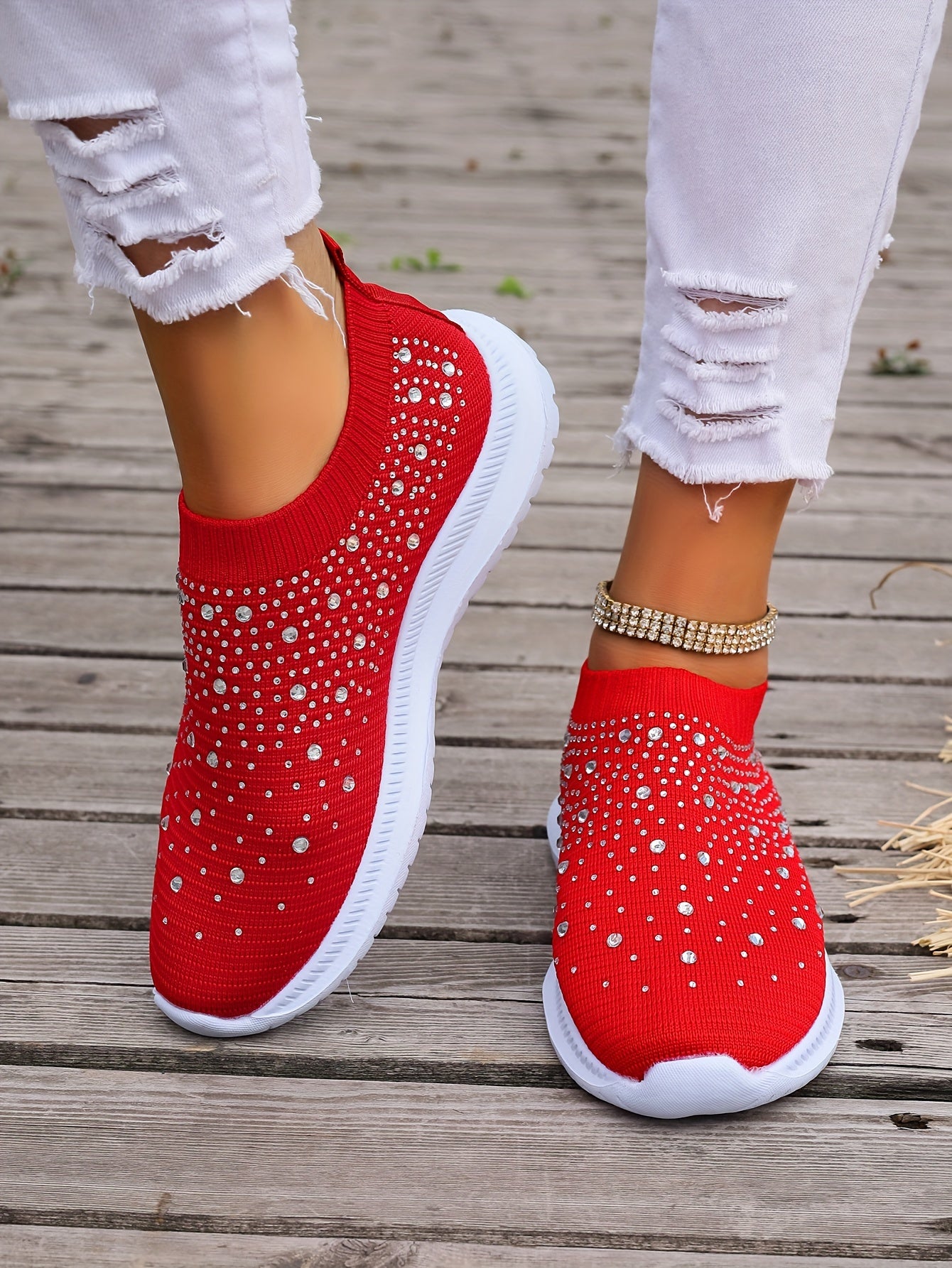 Women's Rhinestone Decor Slip-on Sneakers, Fly Woven Sports Shoes, Breathable Low Top Walking Shoes For Music Festival