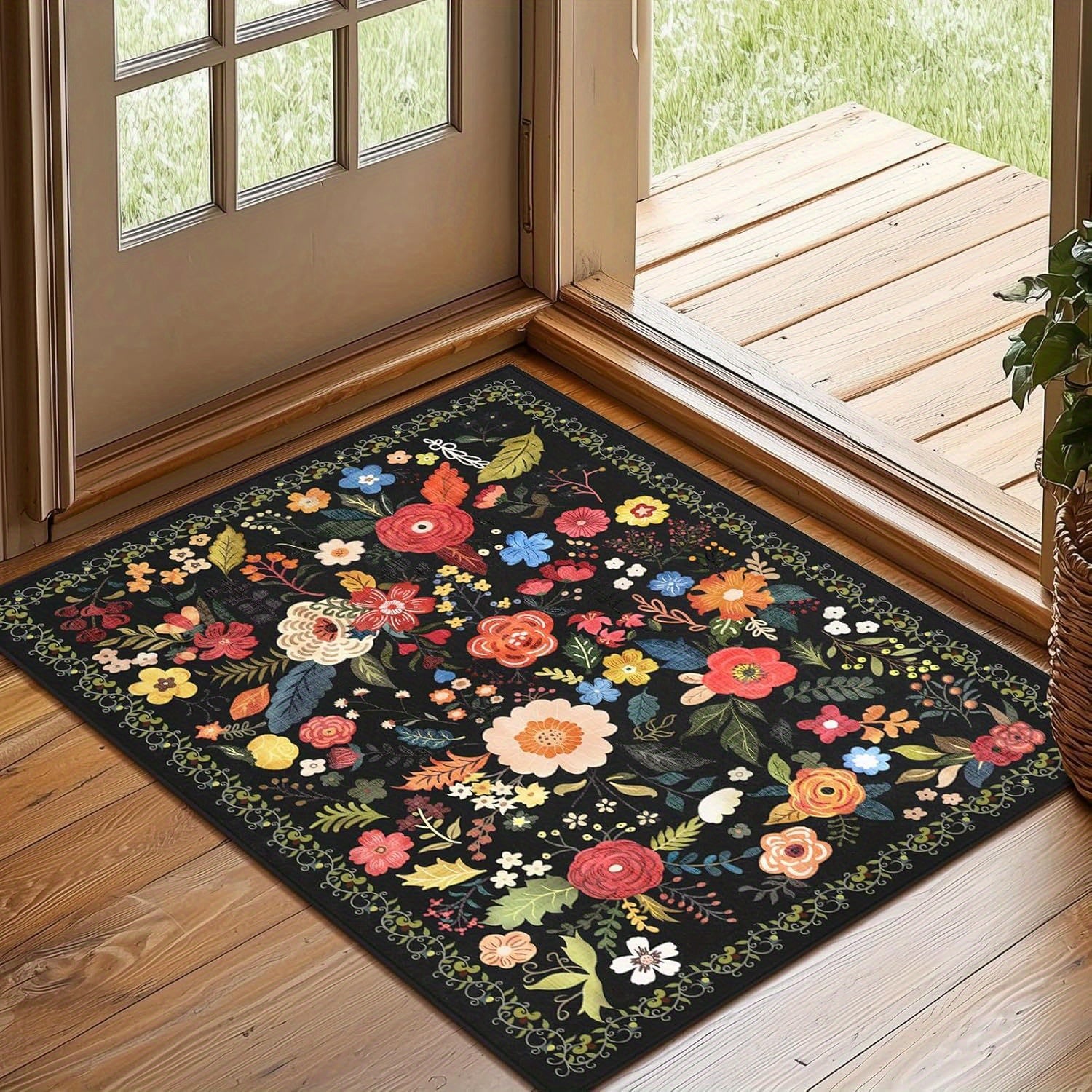 1pc Boho Floral Rugs Door Mat, Living Room and Bedroom Decoration Mat - Home Decoration -Anti-Slip, Washable Entrance Mat with Rubber Backing, Durable Polyester, Ideal for Living Room, Bathroom, Kitchen, Laundry