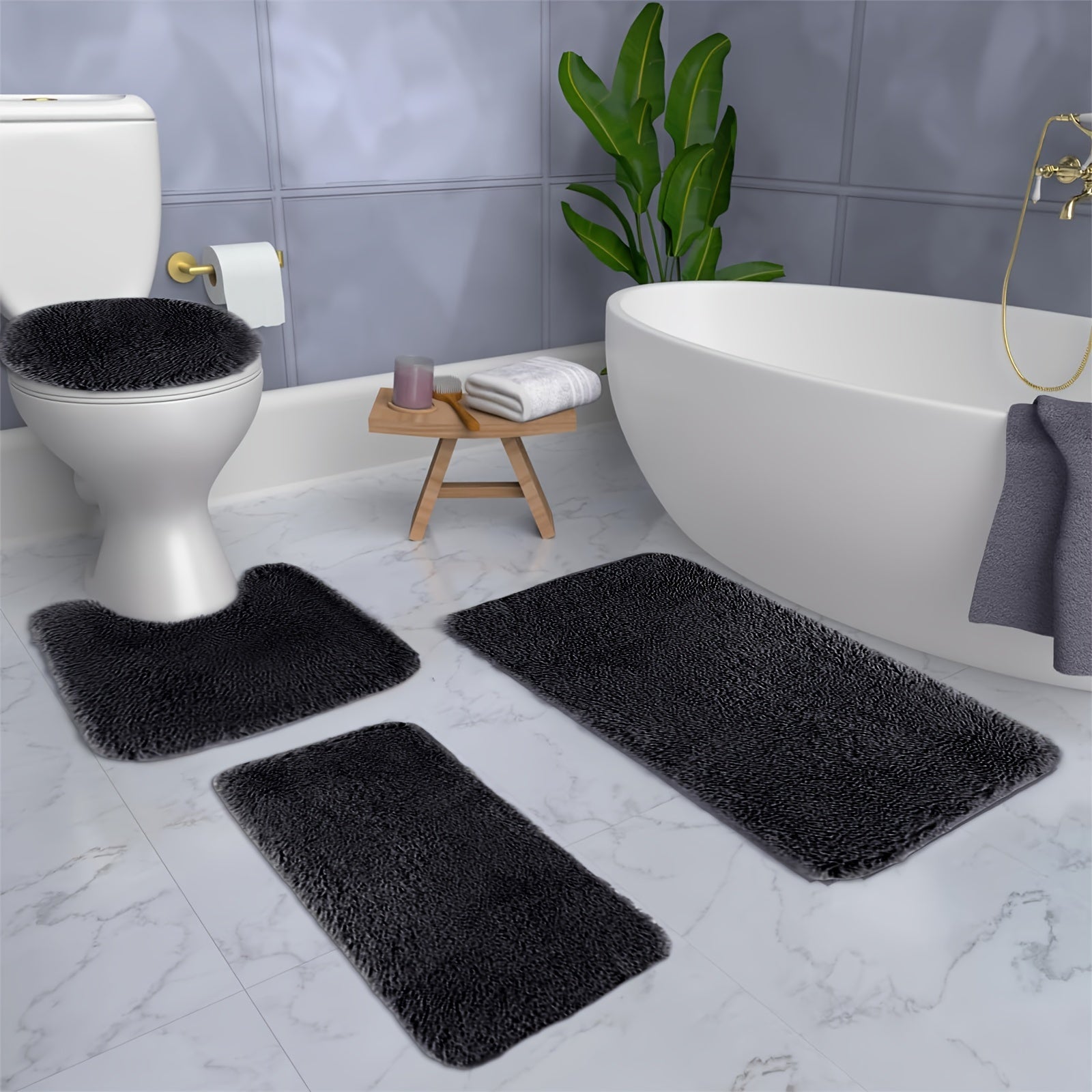 Solid Color Bath Mats 4 Set Bathroom Rugs For 4 Pcs Toilet Mats Universal Soft Comfortable Water Absorption Non-Slip Thick Machine Washable Easier To Dry Dark