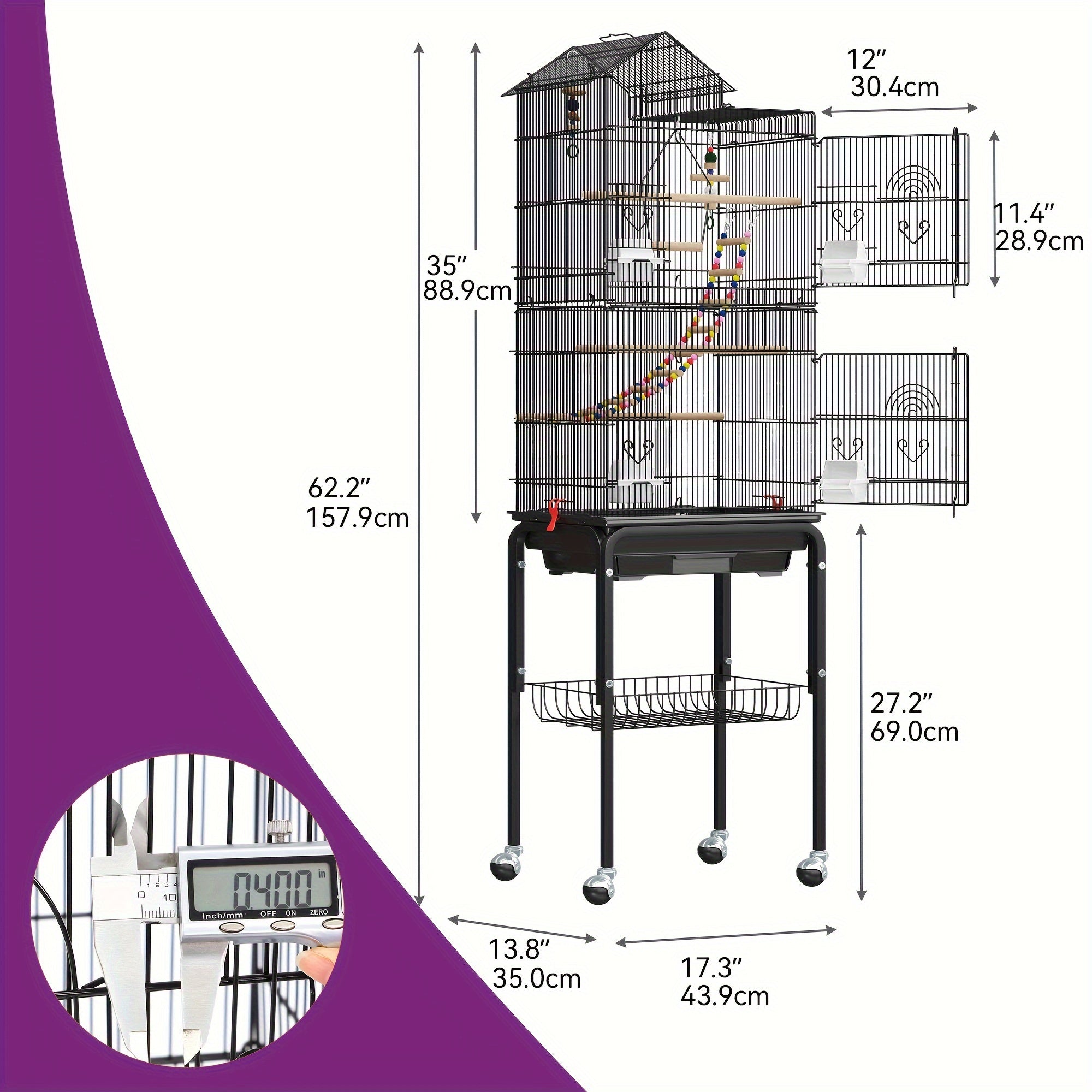Yarsca 62 inch Metal Bird Cage, Large Parakeet Cages for Parrot, Cockatiel, Lovebird, Pigeon with Roof Top, Rolling Stand and Hanging Toys