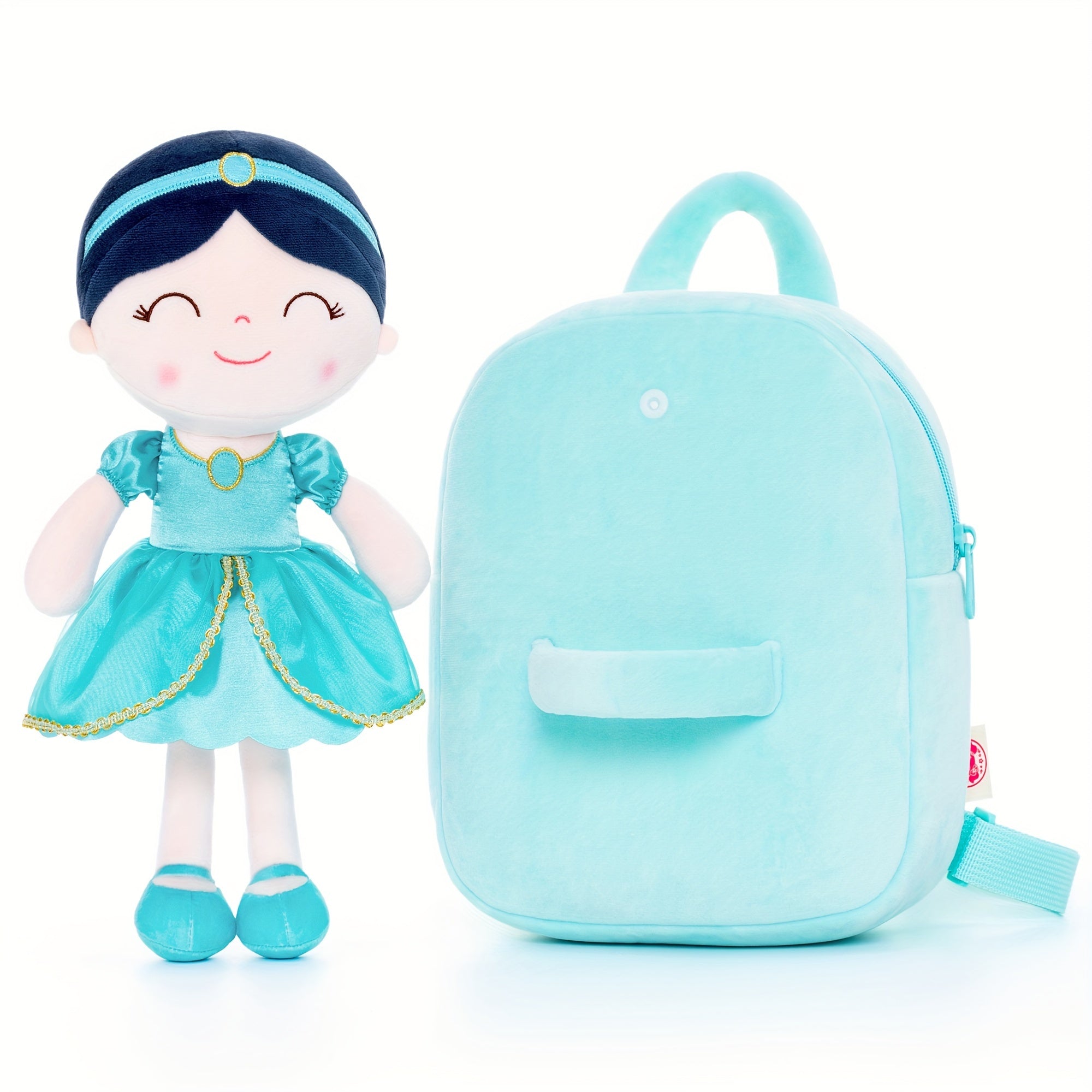 Gloveleya Toddler Backpack for Girls Kids Backpacks Soft Girl Toys Plush Baby Girl Gifts with Plush Princess Jasmins Doll Aqua 9 inches