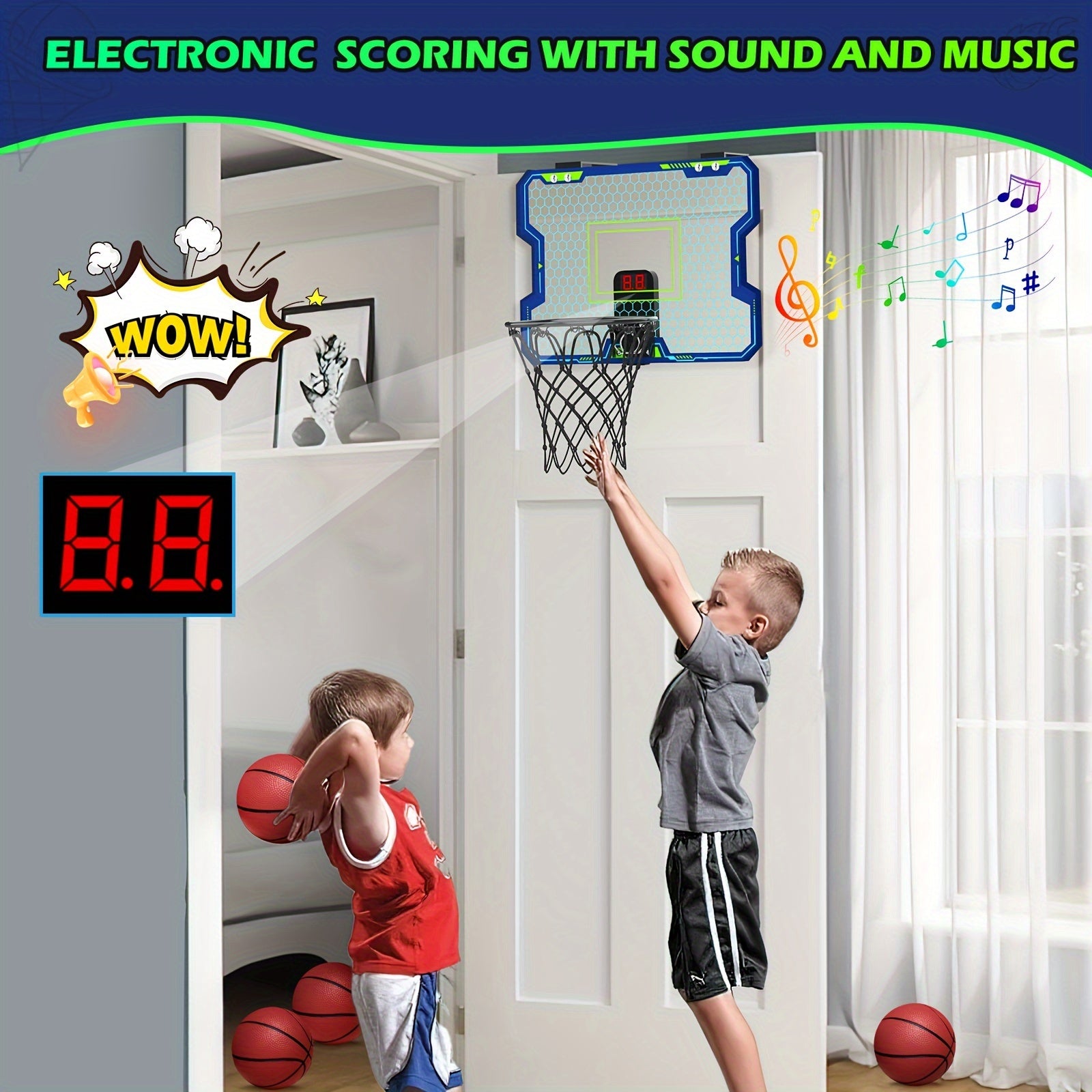 Mini Basketball Hoop Indoor Kids Over The Door Basketball Hoop Electronic Scoreboard Door Basketball Hoop 4 Balls Basketball Toys Gift for 3 4 5 6 7 8 9 10 11 12 Years Old Toddlers Boys Girls