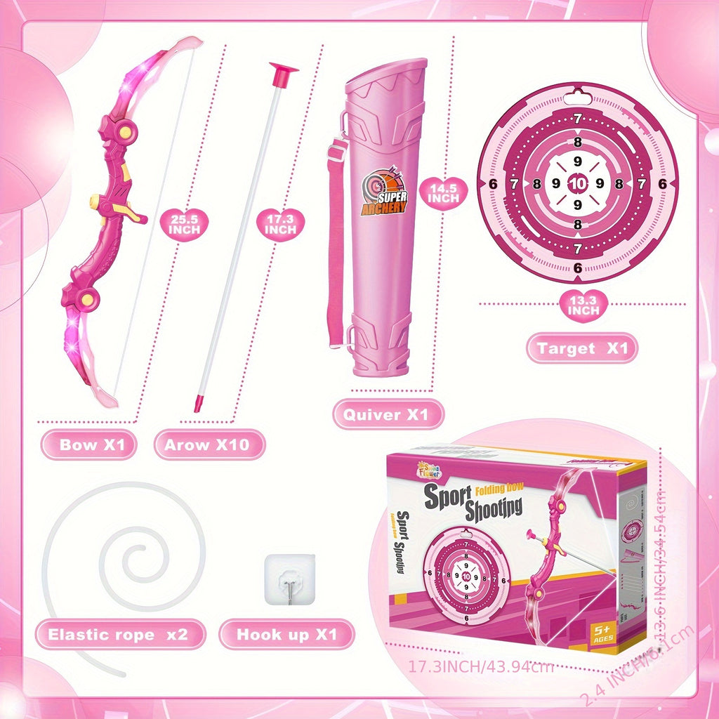 Bow And Arrow Toys With LED Flash Lights For Girls 5 6 7 8 9 10 Year Old, Archery Set Indoor Outdoor Activity With 10 Suction Cup Arrows, Quiver & Target, Birthday For Girls
