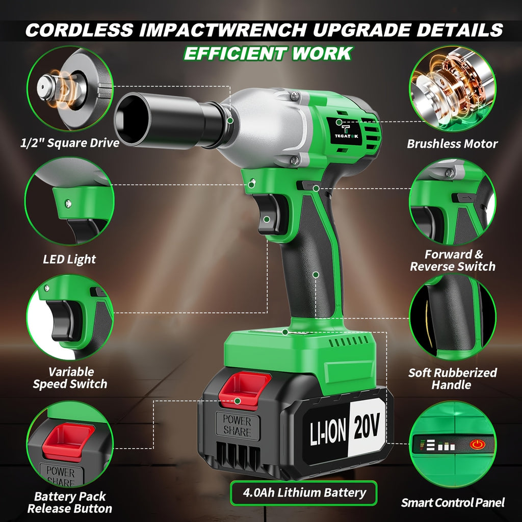 20V 4000MAH Cordless Impact Wrench And Drill Set, 3-in-1 Brushless Power