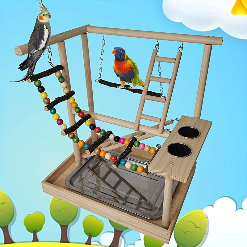 Deluxe Wooden Parrot Playstand with Climbing Ladder, Swing & Chew Toys -