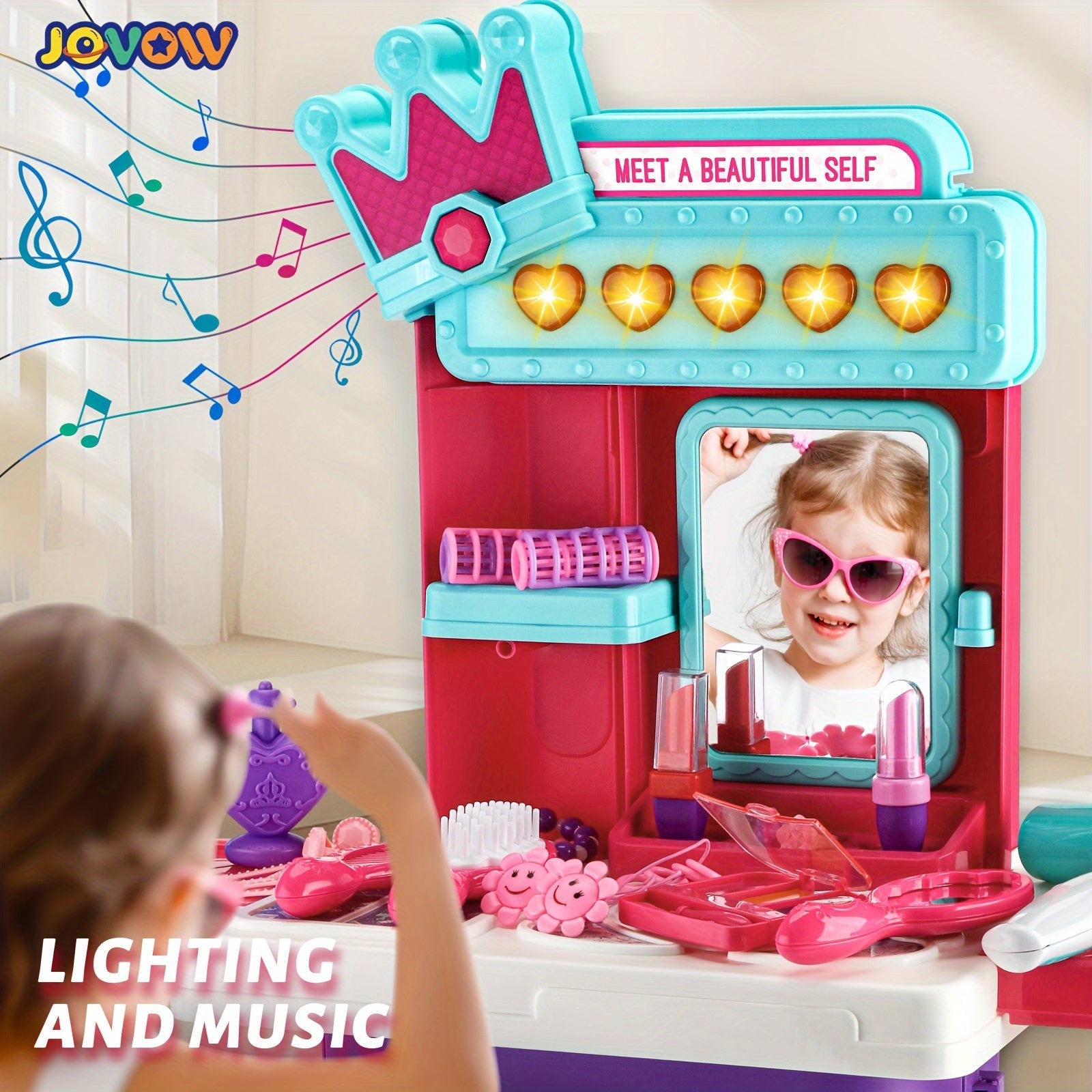 Jovow, Children's Dressing Table Set, 2-in-1 Dressing Table Luggage Trolley Box, Girl Pretending Makeup Toys, Princess Games, Lights And Music, Simulated Hair Dryer Lipstick, Halloween Christmas Gifts