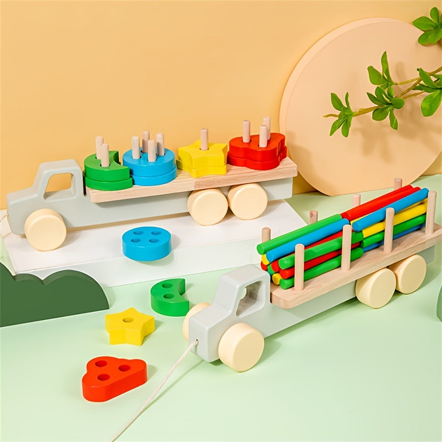 Children's wooden toys for early education, children's shape matching puzzle car, wooden trailer toy, baby shape recognition toy car, holiday gift