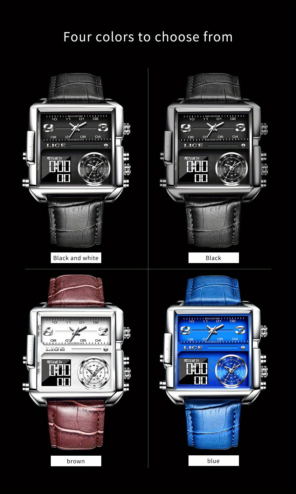 LIGE Fashion Men's Sports Square Analog Big Quartz Watch, Ideal Choice For Gifts
