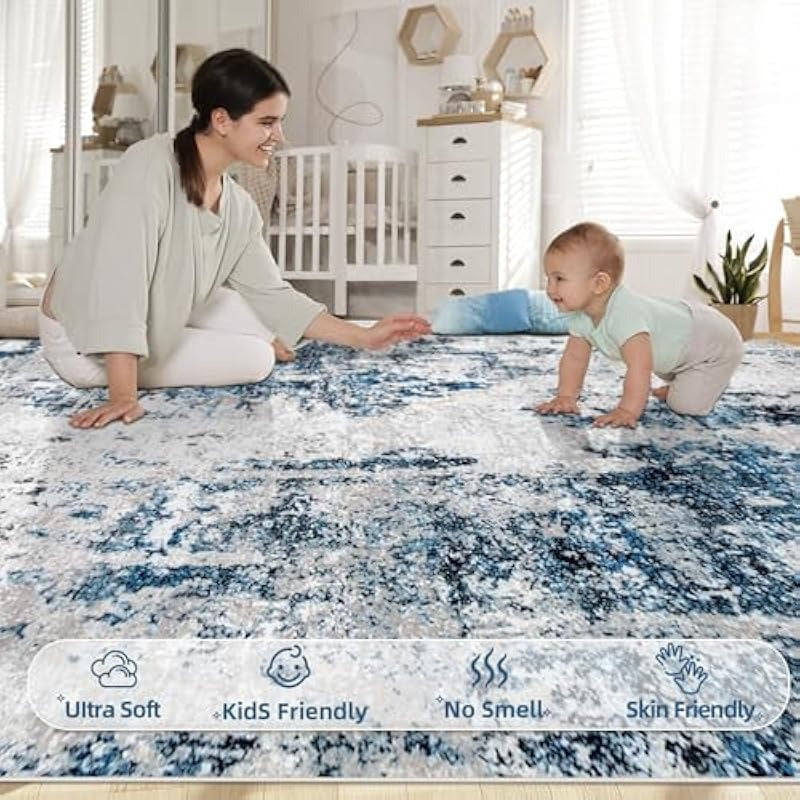 Area Rug 4x6 Washable Rug Modern Abstract Bedroom Rug NonSlip Soft Neutral Area Rug Stain Resistant Throw Rugs for Entryway Kitchen Door Mat Indoor Entrance Laundry Grey Blue 4'x6'