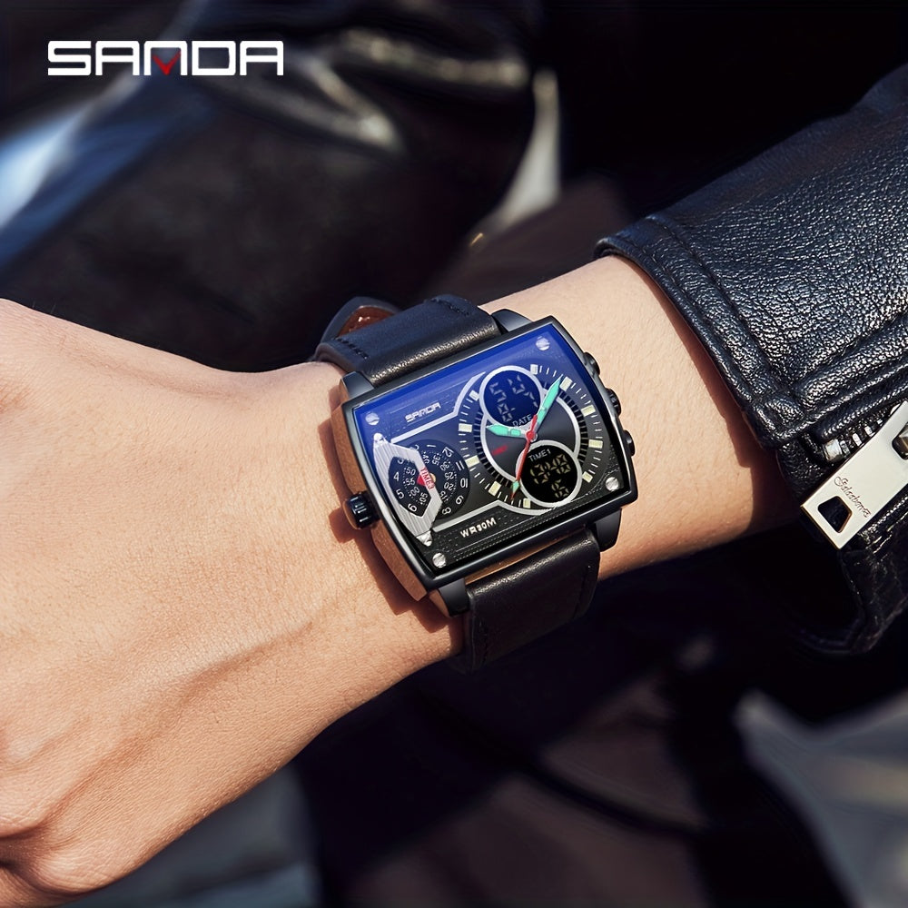 Large Dial Multi Time Zone Men's Watch, Square Dual Display Multifunctional Sports Watch with Dual Time Zone, Date, Alarm, and Stopwatch Functions