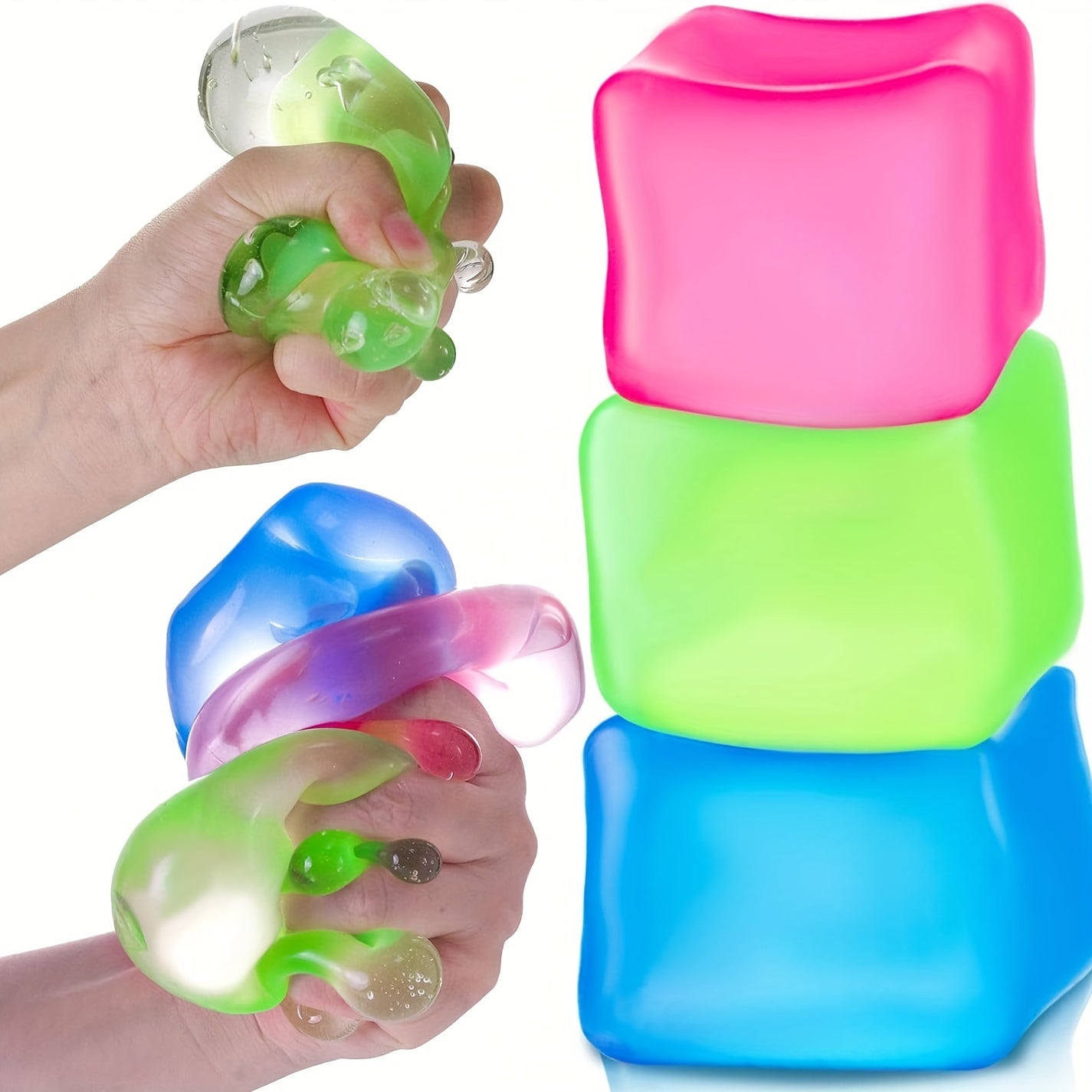 3 Pack Stress Squishy Cube - Sensory Fidget Toy For Adults And Kids, Anxiety Relief Toys With Filling In Pink Blue Green, Squishy Ice Funny Fidget Stress Balls Calming Toys For Autism & ADHD Children