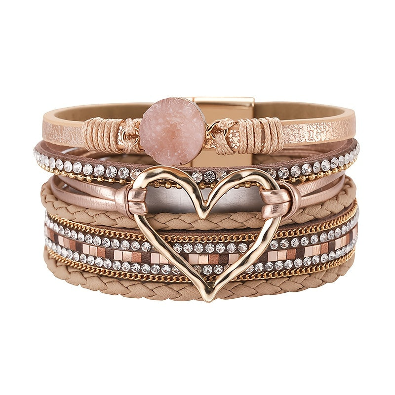 [Boho Chic Heart Bracelet] Boho Chic Multi-Layer PU Leather Magnetic Clasp Bracelet - Black Braided Design & Crystal Accents, Golden-Tone Metal Heart Pendant, Elegant Love Heart