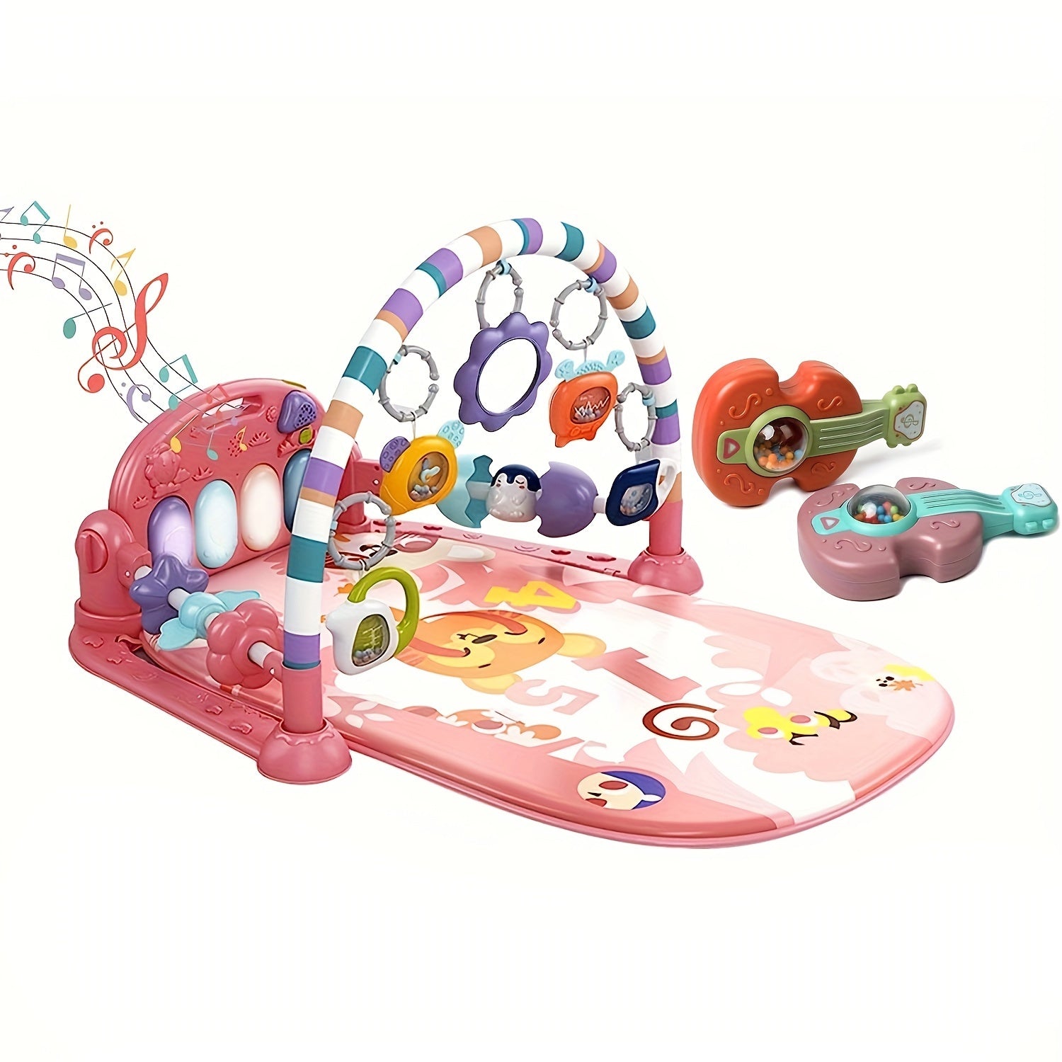 Baby Play Mat Baby Gym, Funny Play Piano Tummy Time Baby Activity Mat With 5 Infant Sensory Baby Toys & 2 Guitar Rattles, Boy & Girl Gifts For Newborn Baby 0 To 3 6 9 12 Months