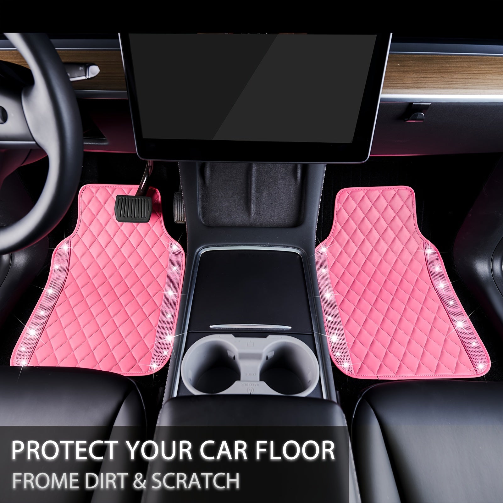 Bling PU Leather Car Mats Shining Diamond Floor Mats Crystal Rhinestone Sparkly Glitter Carpet Anti-Slip Waterproof Pad Universal Fit Automotive SUV, Sedan, Van, 5pcs Girl Women, Pink