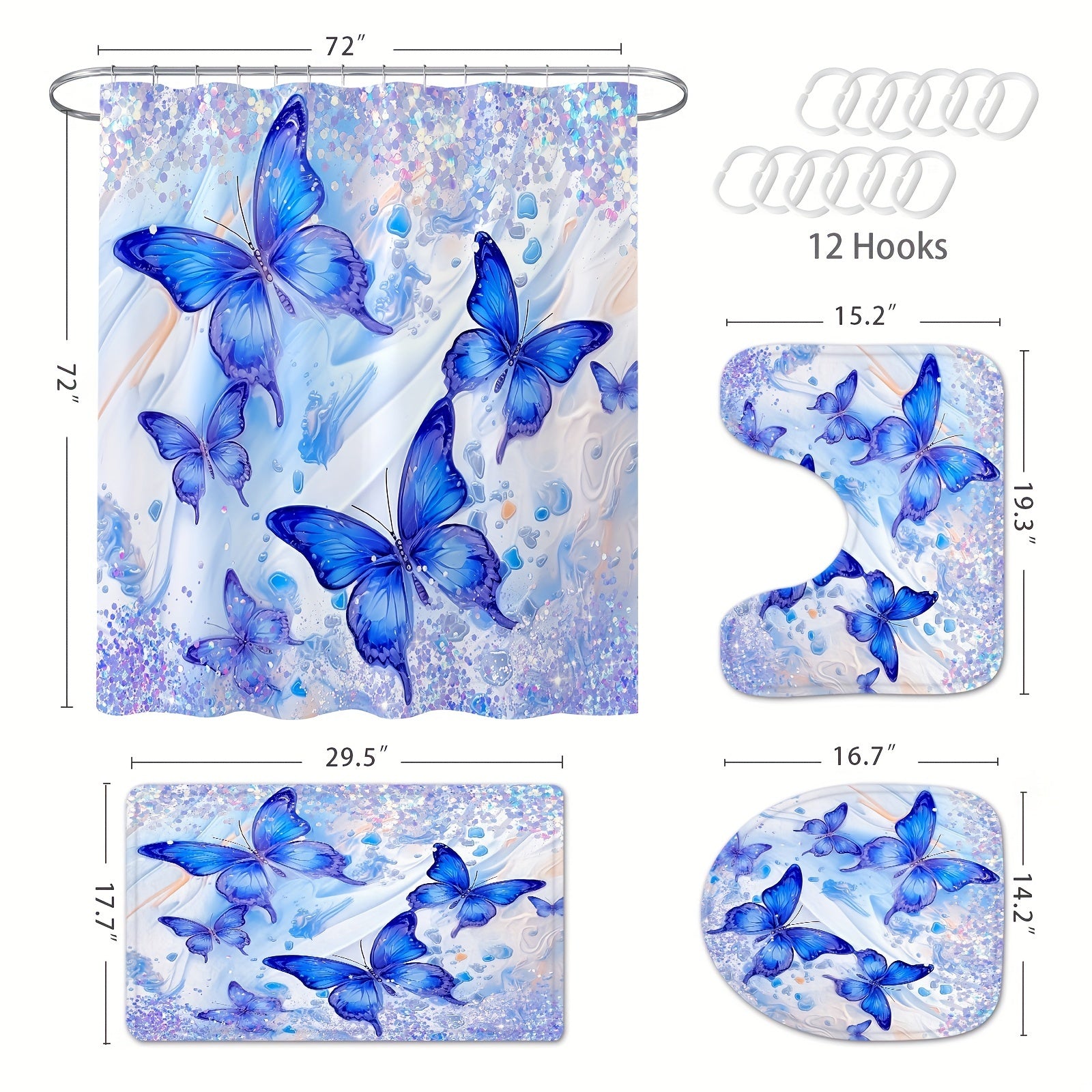 4 Pcs Blue Floral Butterfly Bathroom Sets With Shower Curtain And Rugs, Spring Shower Curtain Sets With Rugs For Modern Bathroom Decor, Sparkling Bathroom Sets With Rugs And Accessories