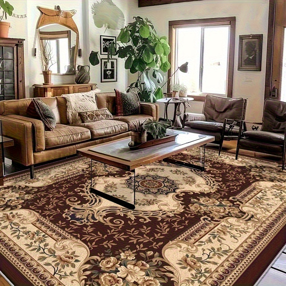 Luxury Velvet Area Mat, 850g/sqm Machine-Washable Geometric Pattern Mat, Lightweight Durable Indoor Mat for Living Room, Bedroom, Study, Modern Minimalist Design with Brown/Beige/Blue/Red/Black/White, Rugs for Living Room, Be