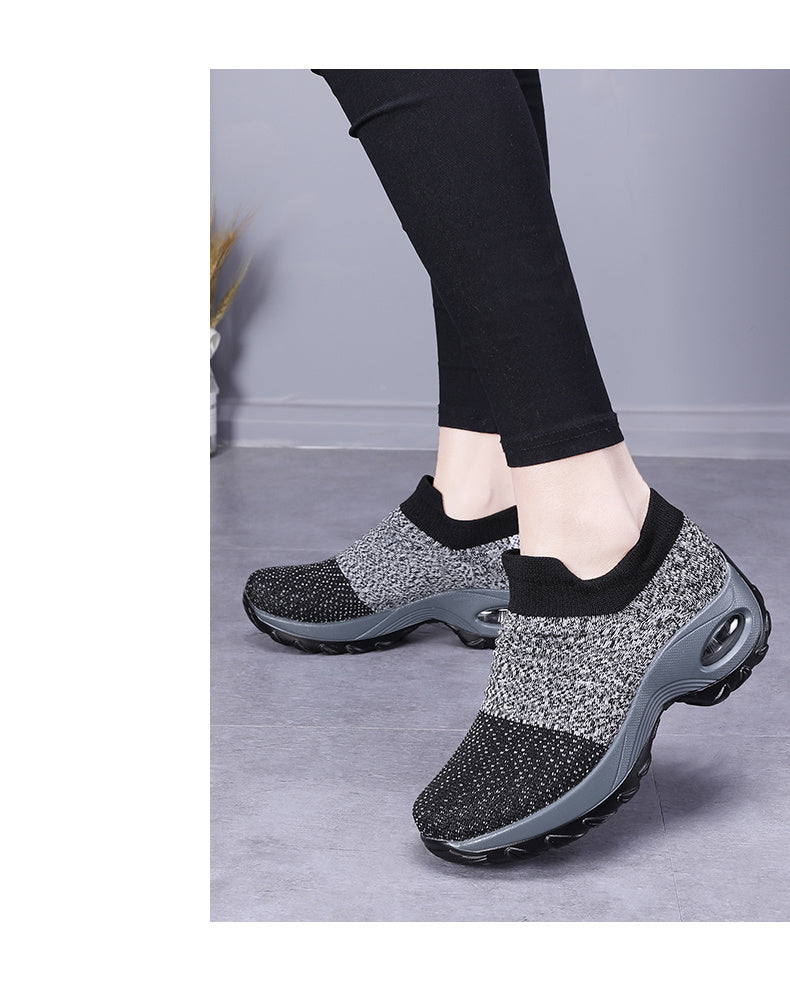 Women'S Air Cushion Sole Sneakers, Lightweight Knit Slip on Shoes, Breathable Running Shoes