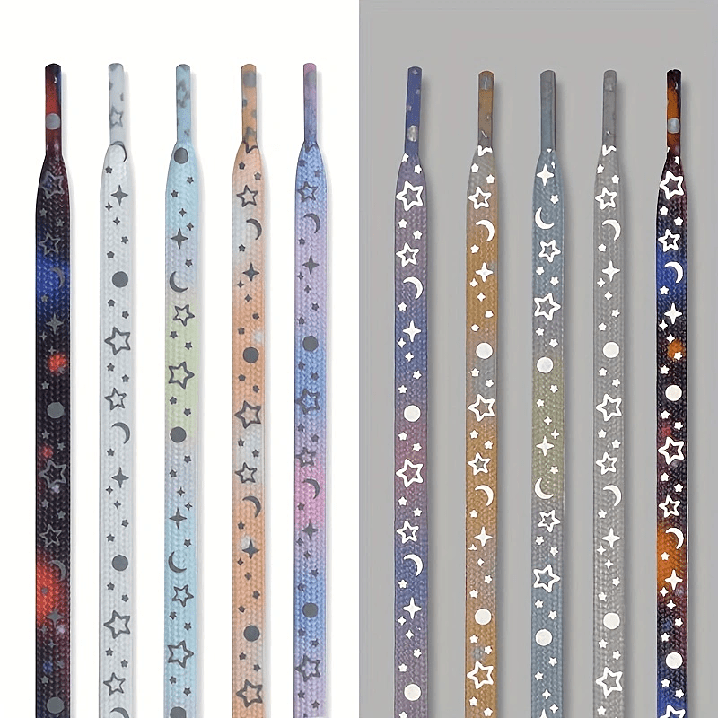 1 Pair Dazzling Holographic Reflective Star Moon Shoelaces - Double-Sided Luminous, AdjustableNighttime Running, Cycling,