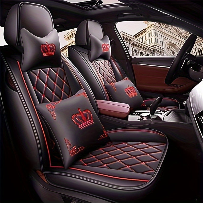 Full Set Car Seat Covers, Crown PU Leather Car Seat Cover Full Surround, Comfortable Automotive Vehicle Cushion Cover Fit For Most 5 Seats Cars/SUV/Truck/Vans