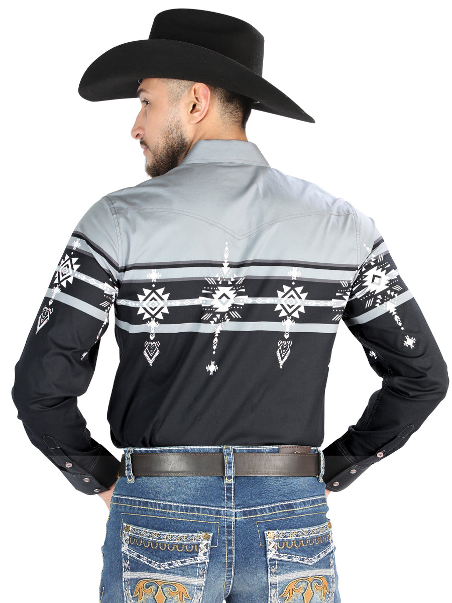 Men’s Long Sleeve Snap Button Western Shirt - Black/Gray 44452