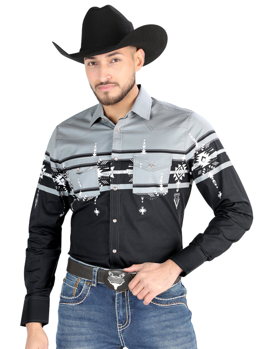 Men’s Long Sleeve Snap Button Western Shirt - Black/Gray 44452