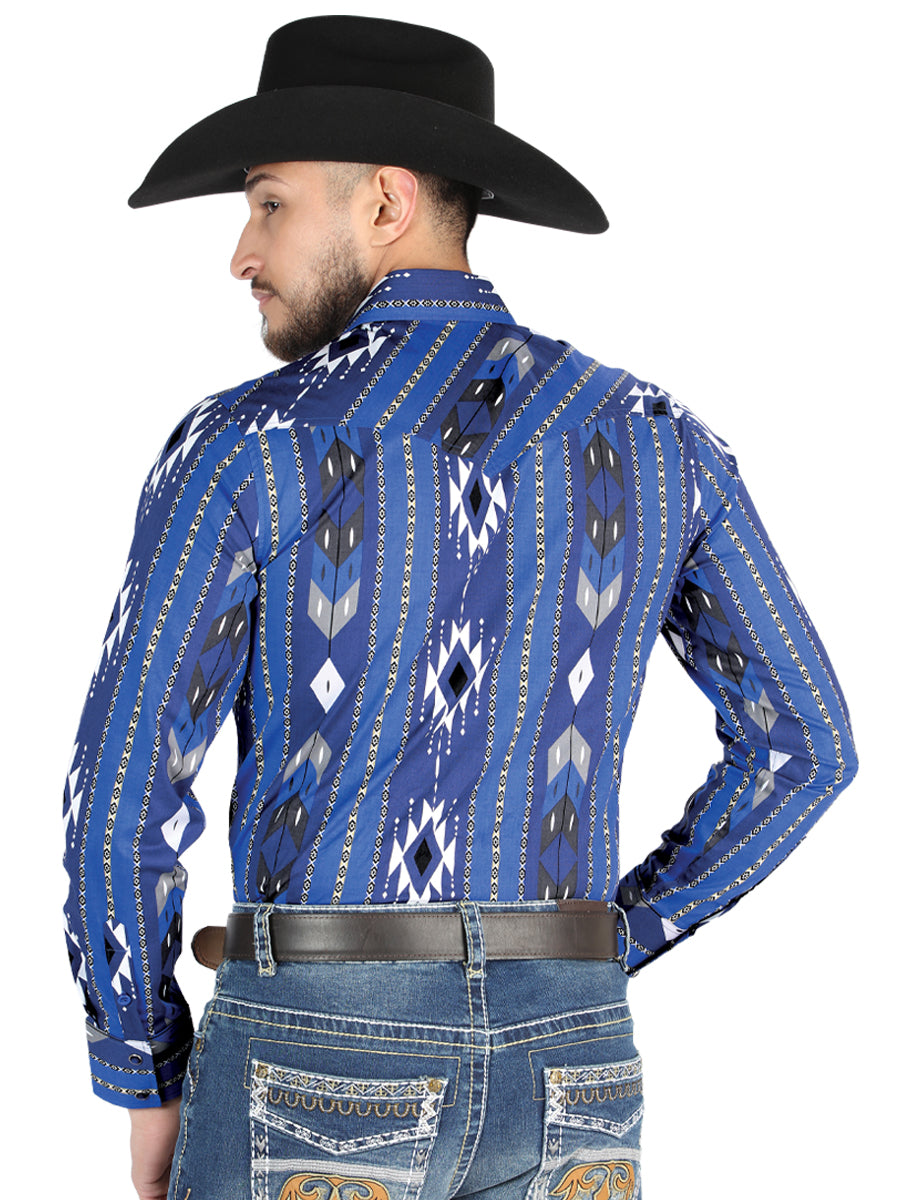 Men’s Long Sleeve Snap Button Western Shirt - Blue 44474