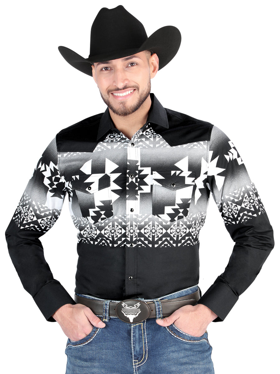 Men’s Long Sleeve Western Snap Button Shirt  - Black 44485