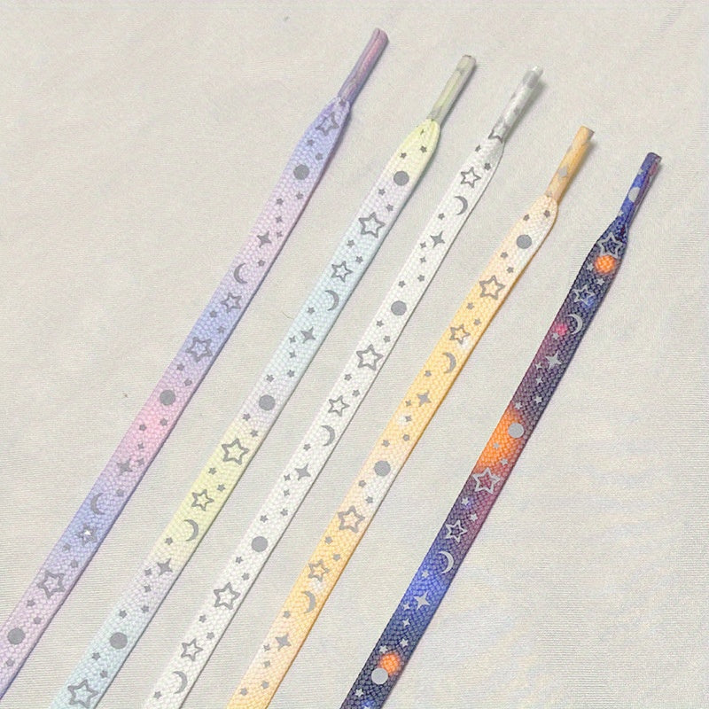 1 Pair Dazzling Holographic Reflective Star Moon Shoelaces - Double-Sided Luminous, AdjustableNighttime Running, Cycling,