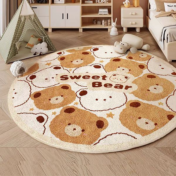 Plush Cartoon Animal Round Mat - Ultra-Soft, 10mm Thick, 1000g/sqm, Non-Slip & Machine Washable - Perfect for Youngsters' Bedroom, Living Room, Play Area - Featuring Cute Lion, Bear, Rabbit, Giraffe Designs, Rugs for Living R