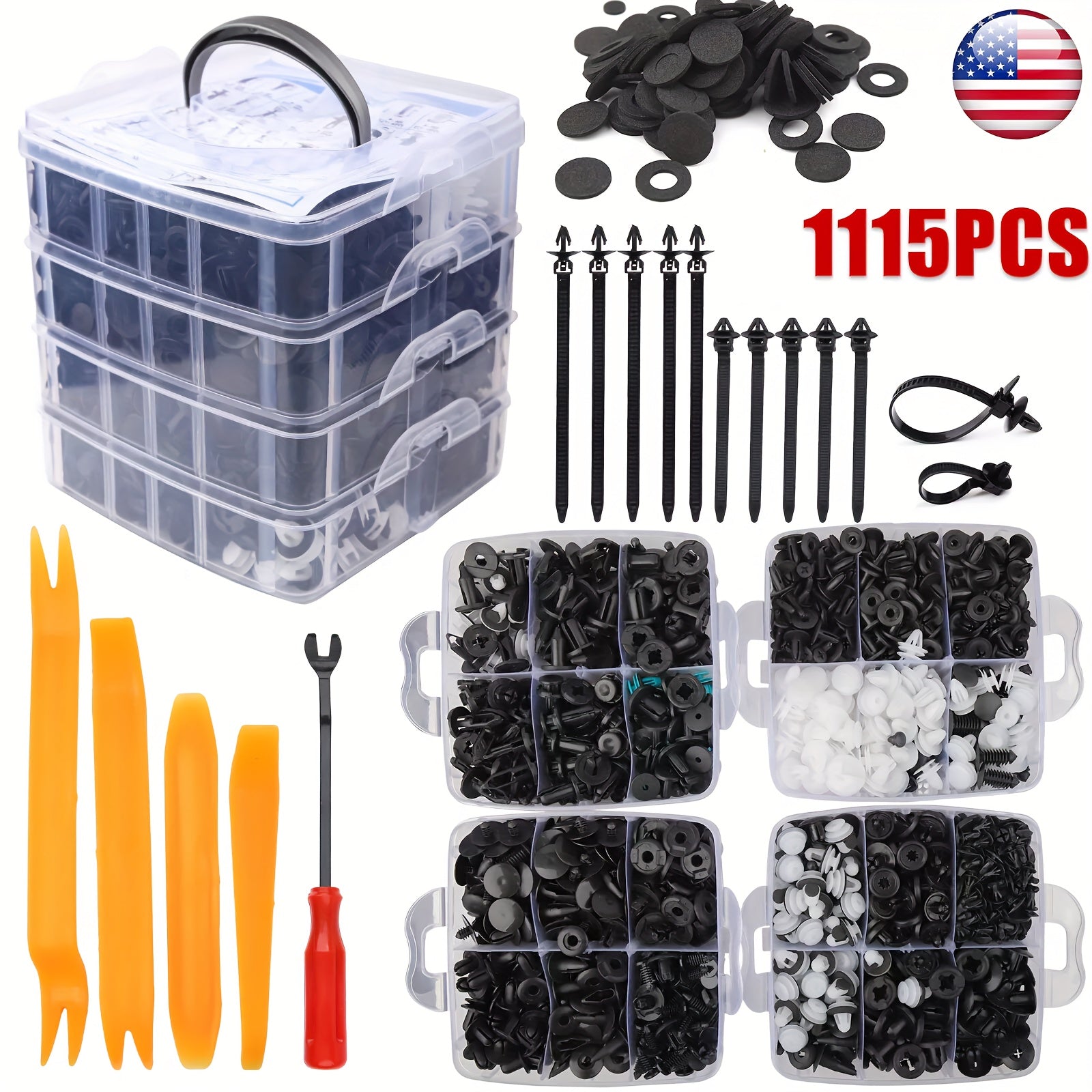 1115-Piece Auto Fastener Kit With Snap Pins, Rivets & Tools - Durable Plastic Car Body, Bumper & Door Trim Retainer Set Car Fastener Clips Automotive Fasteners