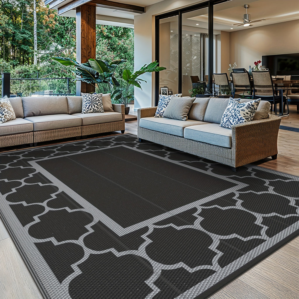 Outdoor Rug Patio Waterproof, Reversible Plastic Straw Area Rugs Mat For Camper Decor, Outside Carpet For Camping, Rv, Deck, Porch, Picnic, Beach, Balcony, Black & Grey