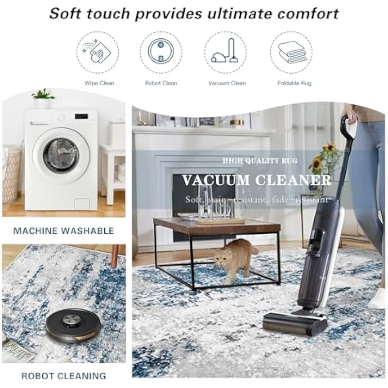Area Rug 4x6 Washable Rug Modern Abstract Bedroom Rug NonSlip Soft Neutral Area Rug Stain Resistant Throw Rugs for Entryway Kitchen Door Mat Indoor Entrance Laundry Grey Blue 4'x6'