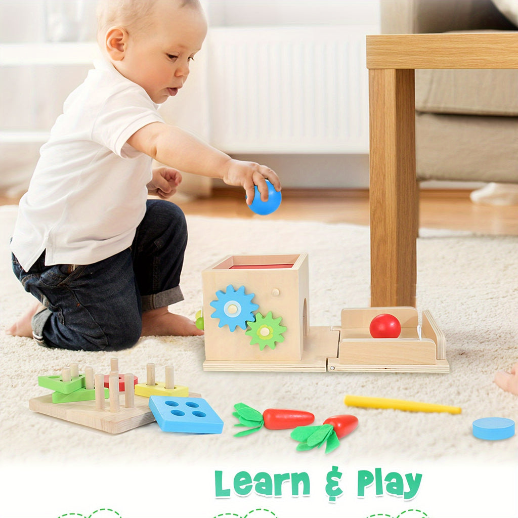 Wooden Baby Toys, 8-in-1 Wooden Play Kit Includes Object Permanent Box, Coin Box, Carrot Harvest, Shape Sorting & Stacking - Christmas Birthday Gift for Boys Girls Toddlers