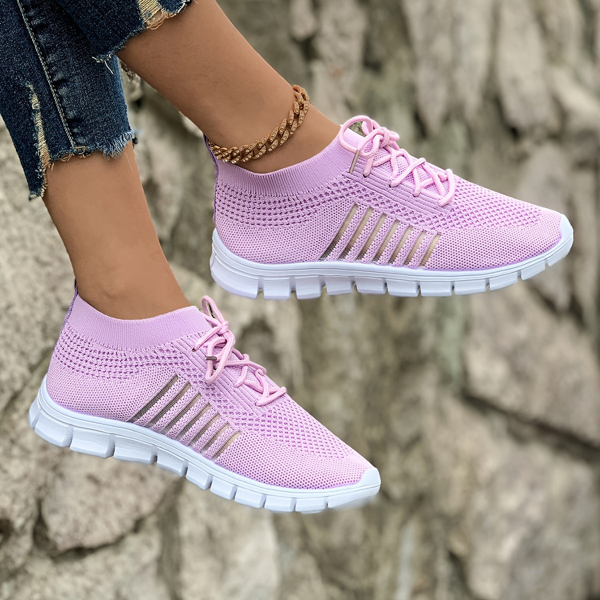 Women's Lightweight Knit Sneakers, Breathable Low-Top Lace-Up Casual Running Footwear, Fabric Upper and PU Cover Sole, Vibrant Color Sneakers, Versatile Running Shoes
