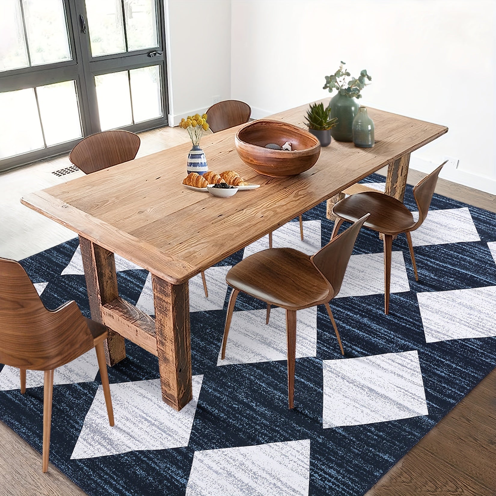 1 pc Geometric Living Room Rugs Modern Trellis Carpet Washable Rugs Distressed Bedroom Rug Large Area Rug Moroccan Office Rug Meline Checkered Rug, Dark Blue