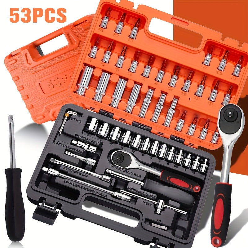 A Collection of 53 Mechanical Tool Kits, Including 1/2" And 1/4" Drive Depth And Standard Sockets, Ergonomic Handles, Ratchet Wrenches,