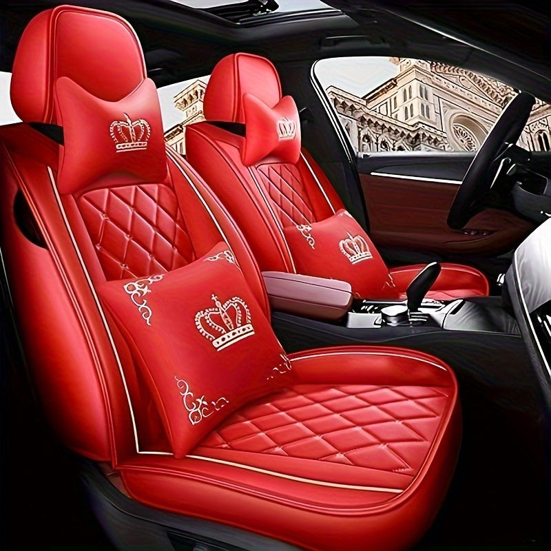 Full Set Car Seat Covers, Crown PU Leather Car Seat Cover Full Surround, Comfortable Automotive Vehicle Cushion Cover Fit For Most 5 Seats Cars/SUV/Truck/Vans