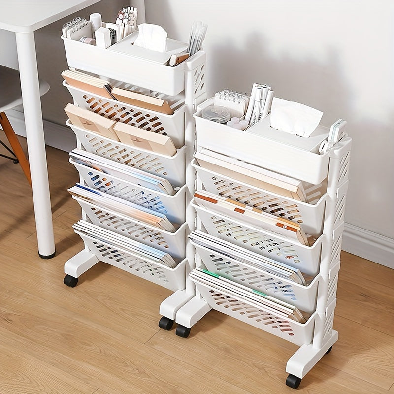 1pc Five-Level Movable Bookshelf, Desk Side Shelf, Floor Cart with Pen Holder for Office Study Supplies Storage and Document Storage