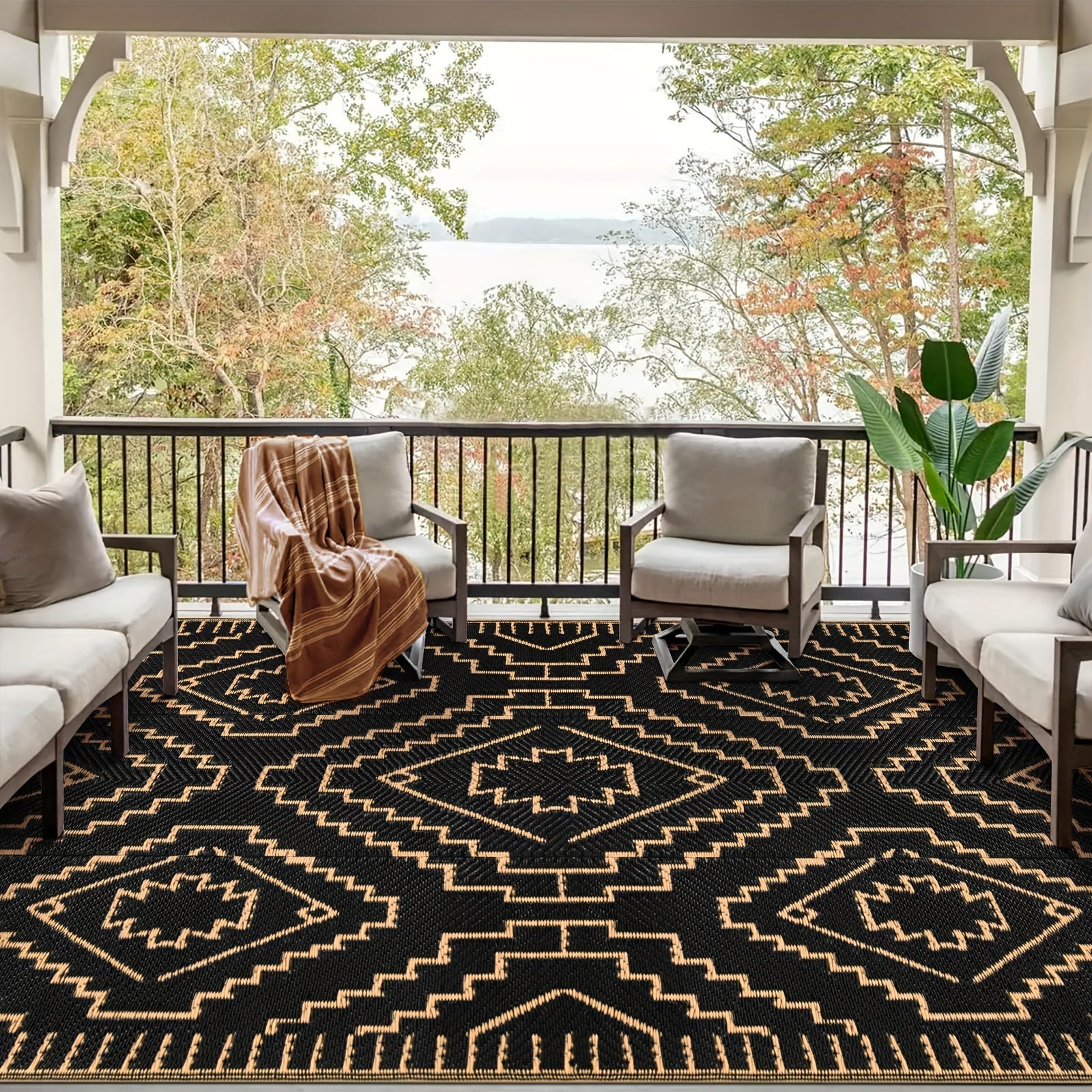 Large Outdoor Mat – Reversible Lightweight Straw Area Mat with Geometric Black & Beige Pattern for RV, Camping, Beach, and Patio Decor, Outdoor Rugs